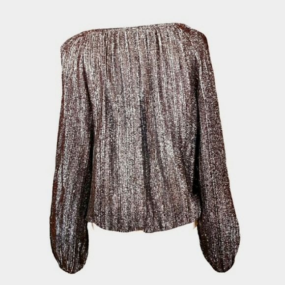 VINTAGE 70s Metalic Silver Peasant Blouse M - Picture 2 of 4